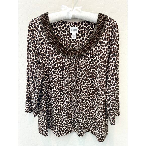 CHICO’S | Leopard Print Knit Beaded Scoop Neck  3/4 Sleeve Top | Size 2 Large - Picture 1 of 7